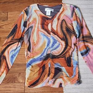 Bailey 44 Abstract Mesh Top Long Sleeve Multicolor Ruched Pullover Retro XS